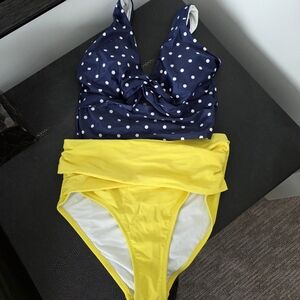 Old Navy Navy Polka Dot Bikini Top with Yellow Bottoms